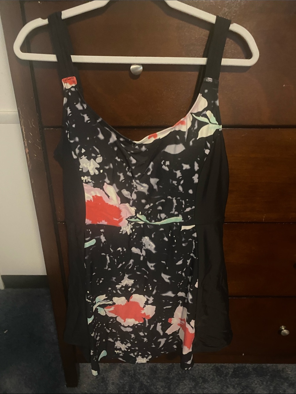 Women’s Black Floral One-Piece Swim Dress - Black/Coral